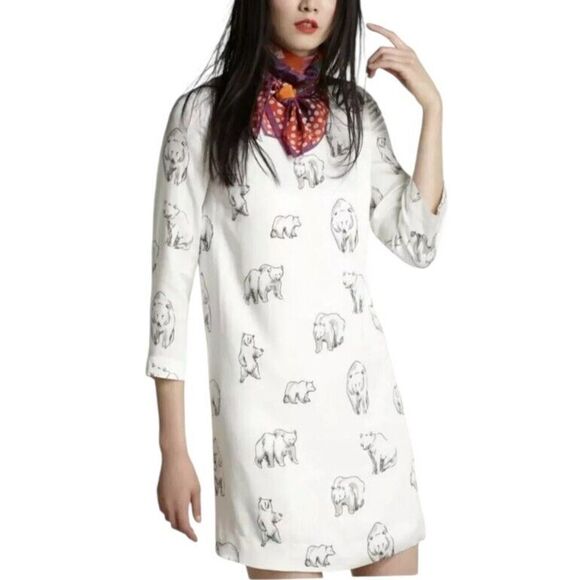 Leah Reena Goren Polar Bear Dress Size 12 White Anthropologie Shift 3/4 Sleeve - Picture 1 of 10